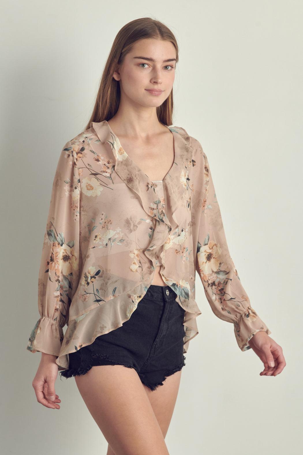 Ruffle Detail Long Sleeve In Chiffon Floral Print Product Image