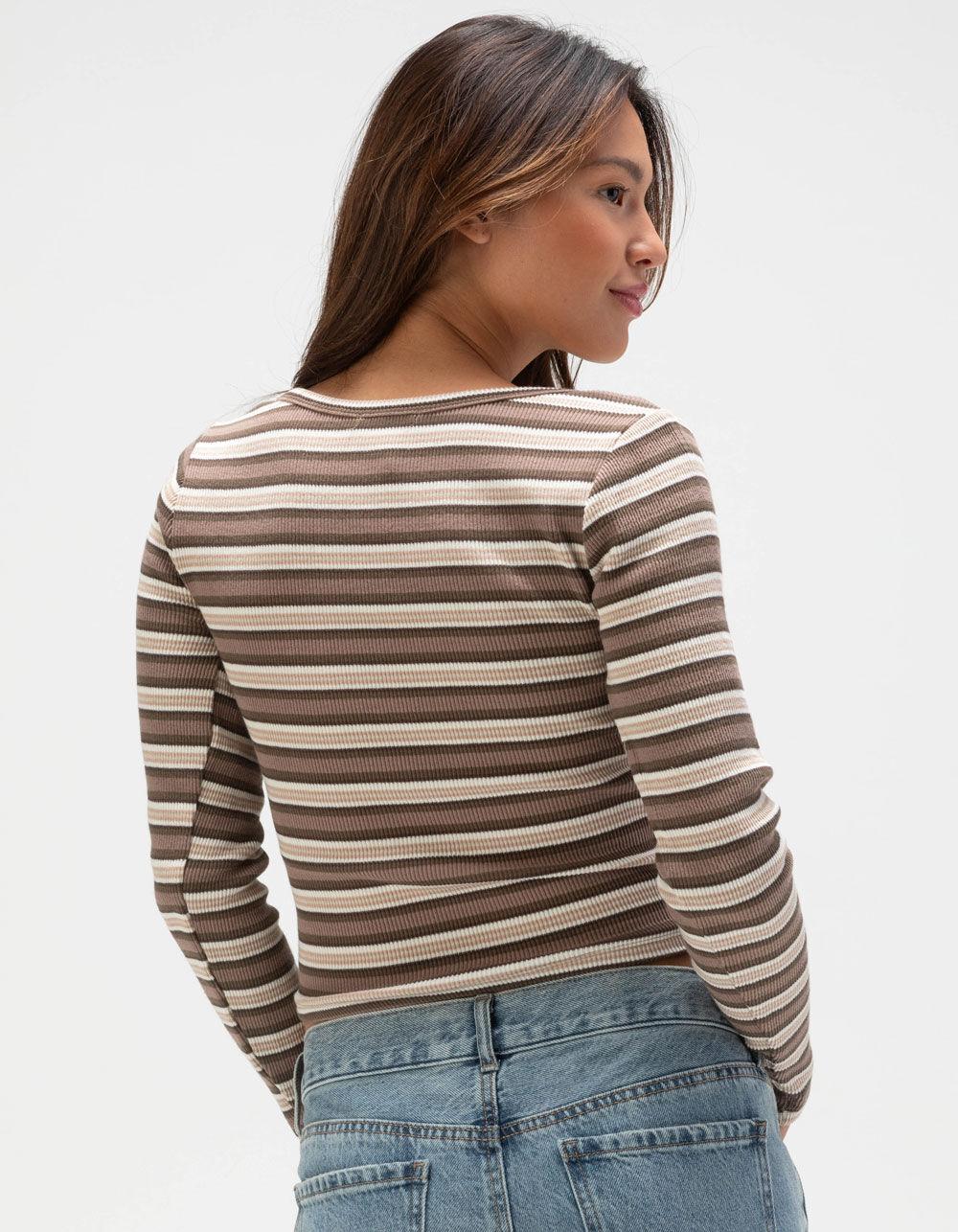FULL TILT Notch Neck Stripe Womens Long Sleeve Rib Top - OLIVE Product Image