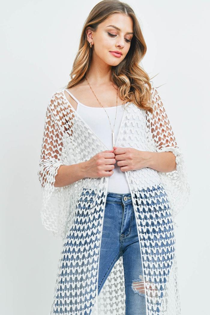 Long crocheted open cardigan Product Image