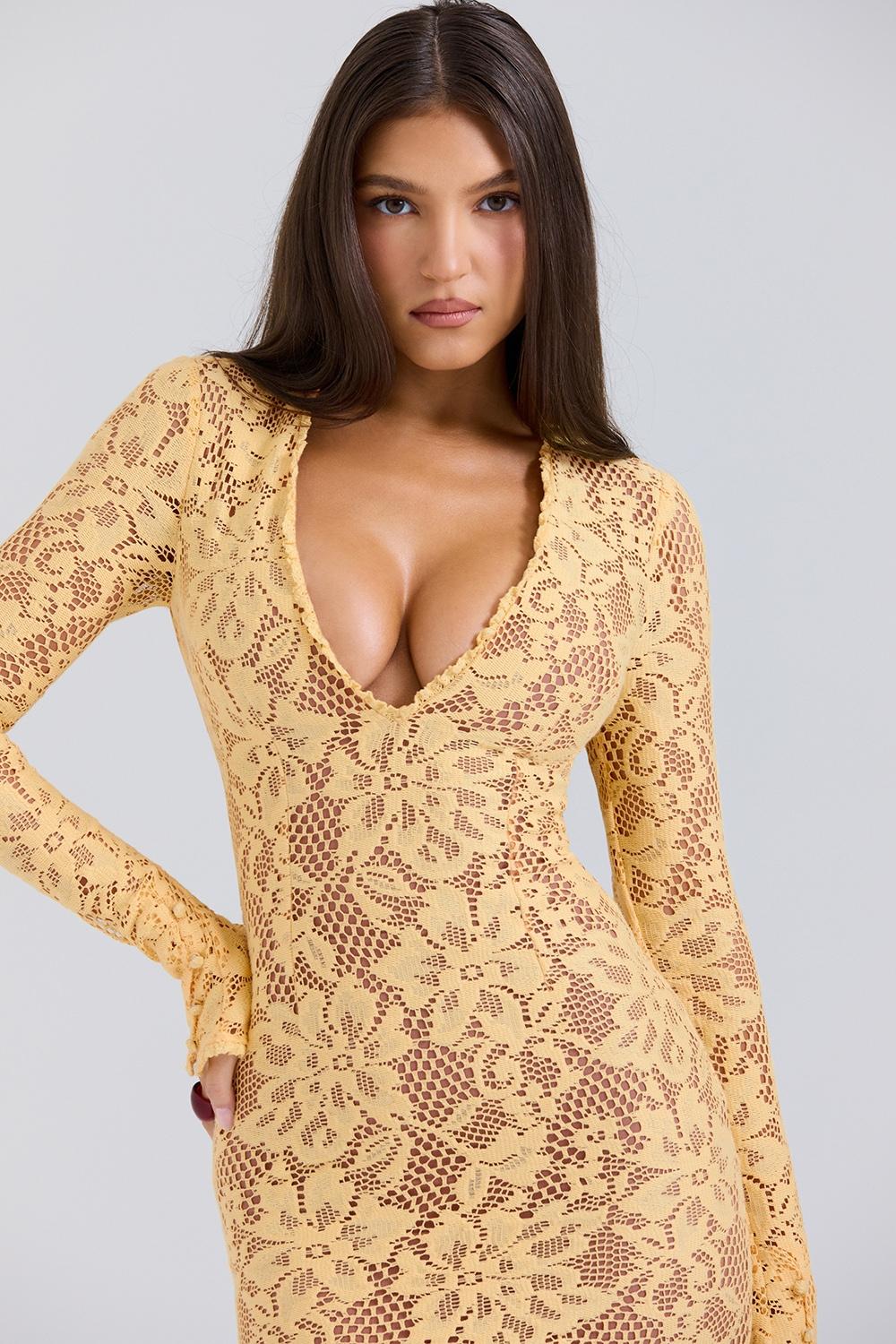Indiana  apricot plunge lace maxi dress Product Image