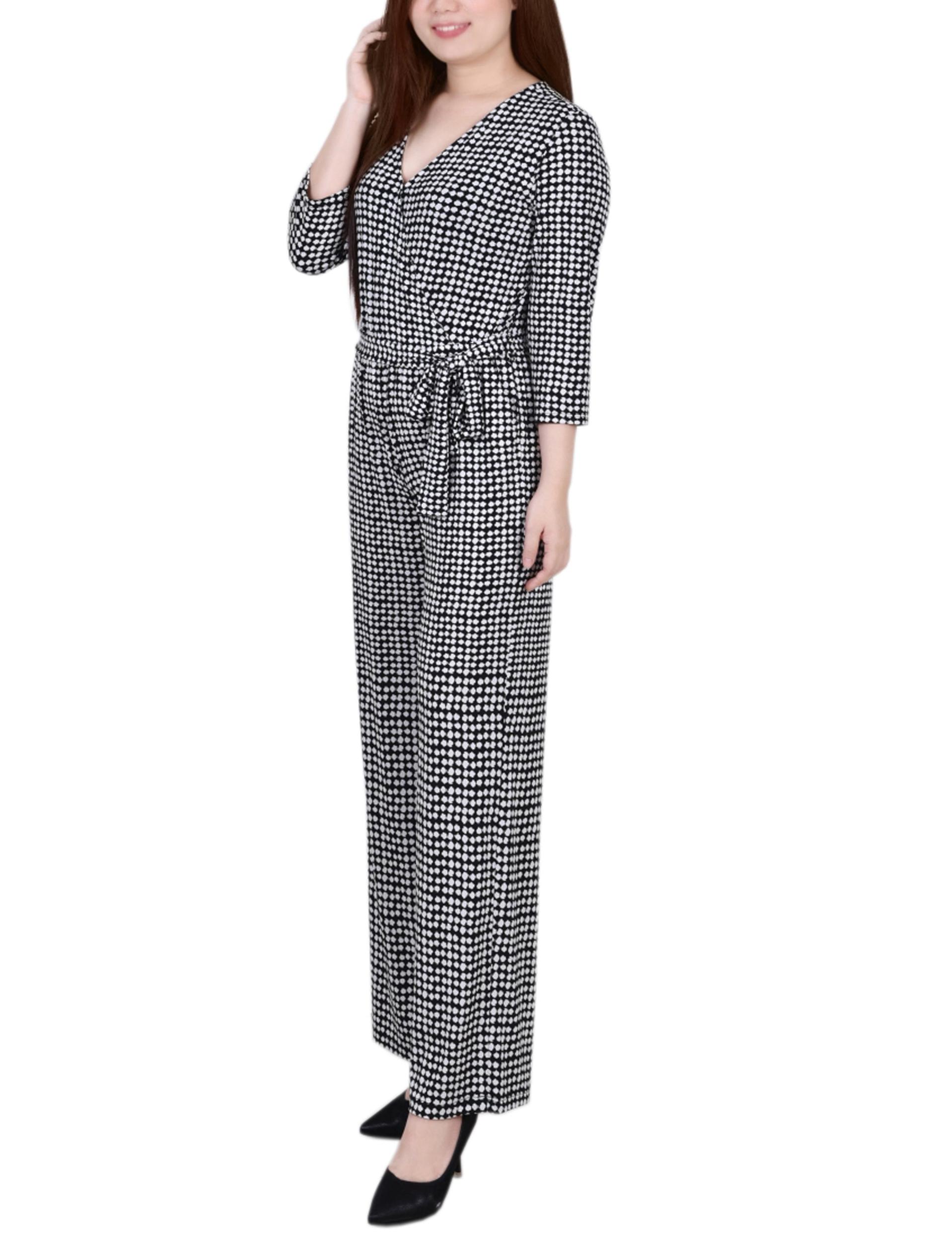 Black Polka Dot 3/4 Sleeve Belted Jumpsuit - Petite Product Image
