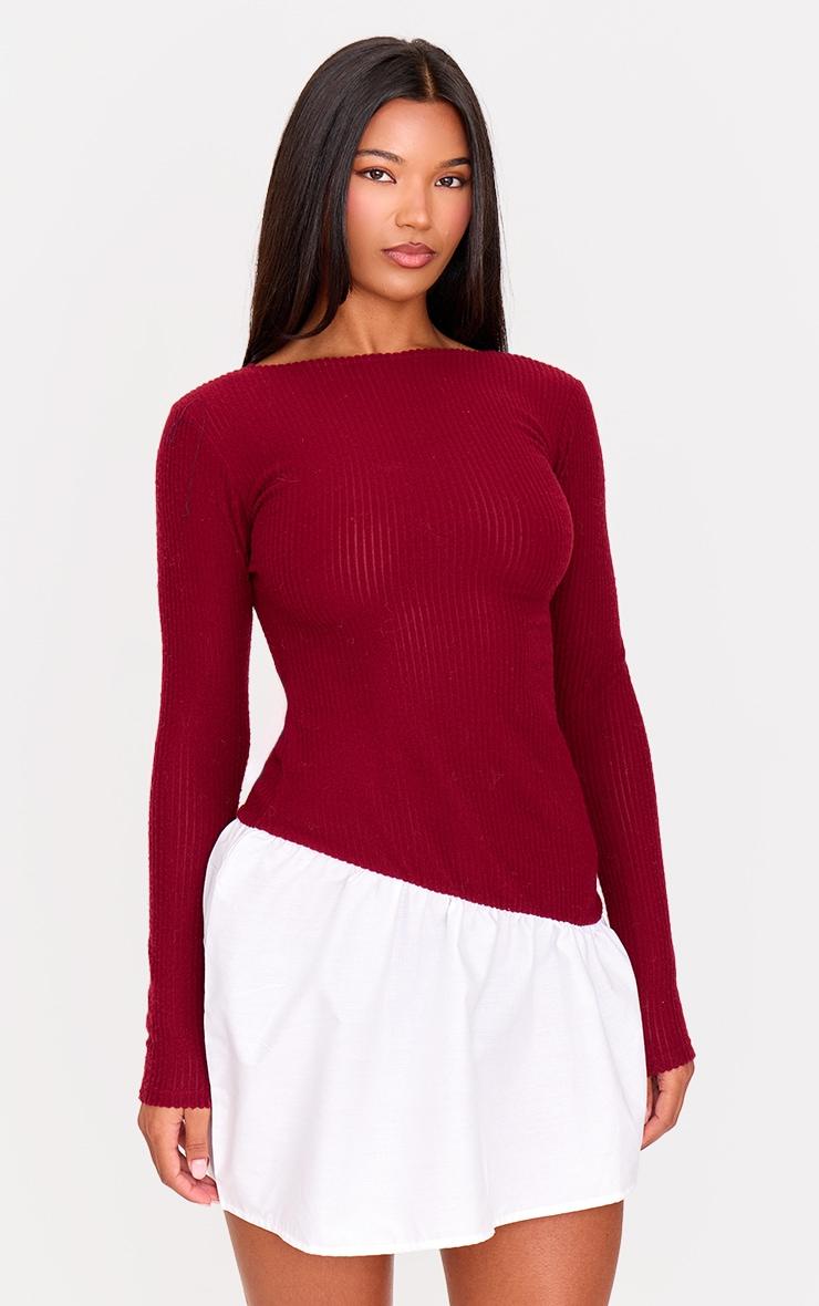 Burgundy Brushed Rib Asymmetric Hem Shift Dress Product Image
