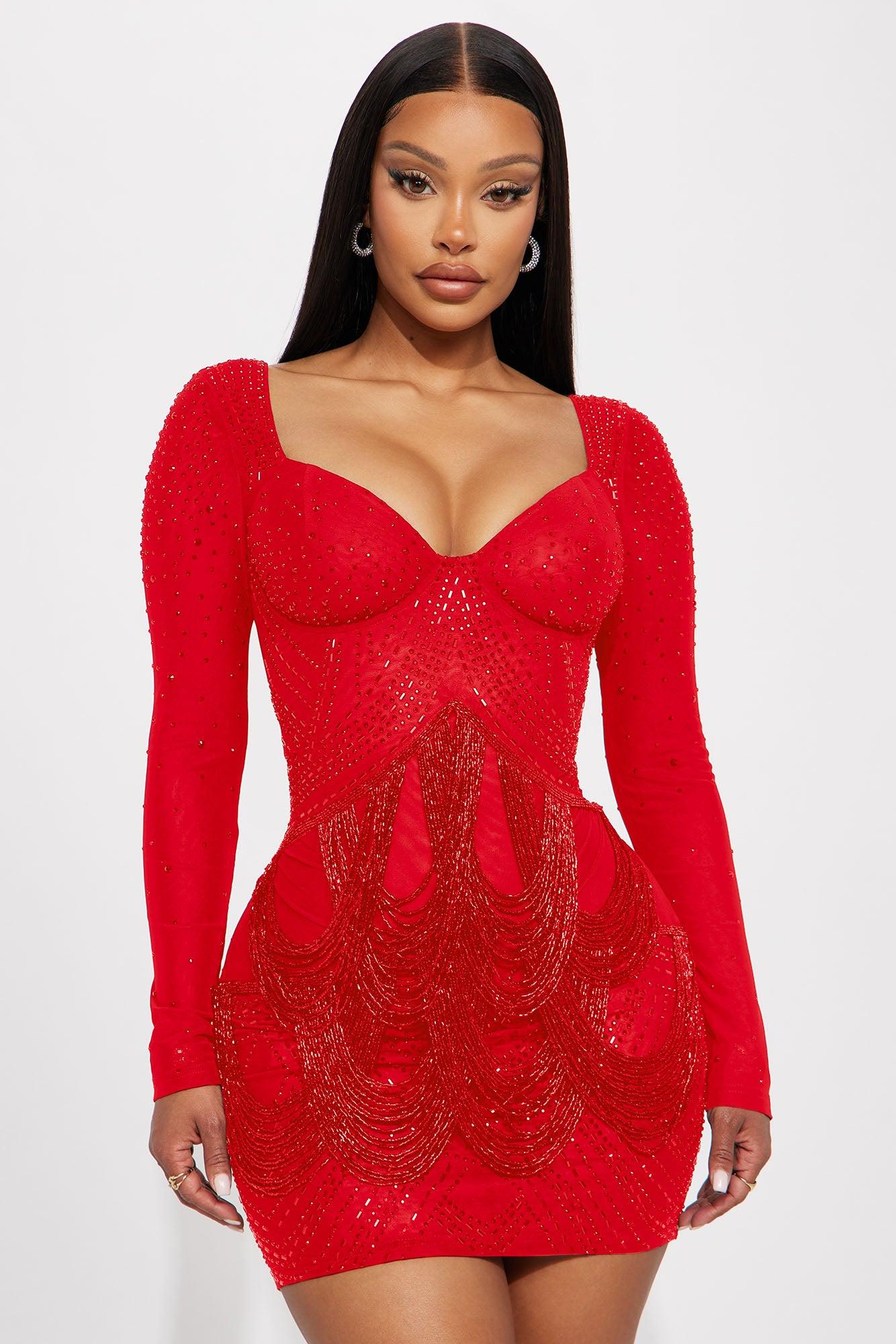 Celeste Rhinestone Mini Dress - Red Product Image