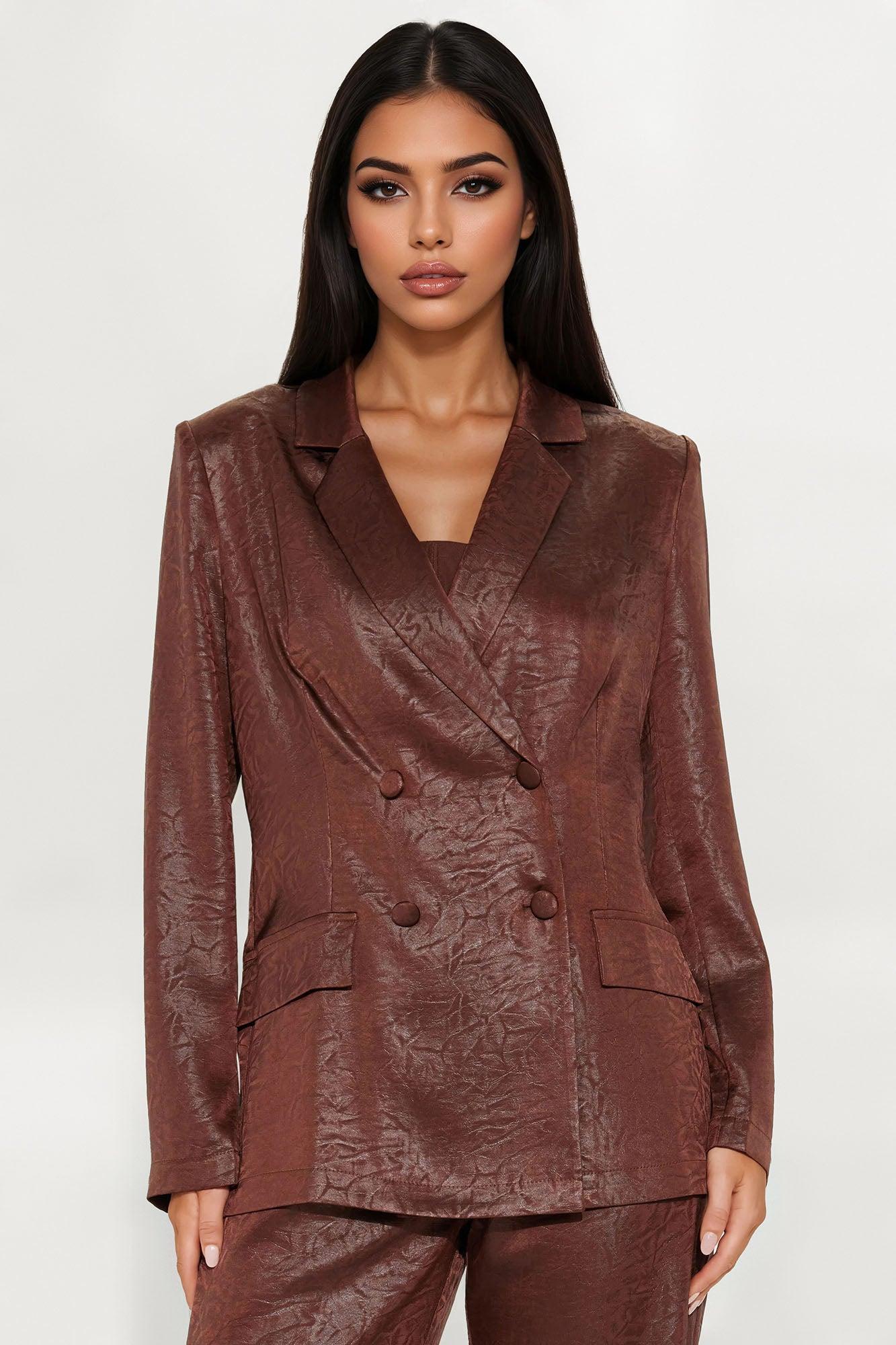 Laurel Satin Blazer Pant Set - Brown Product Image