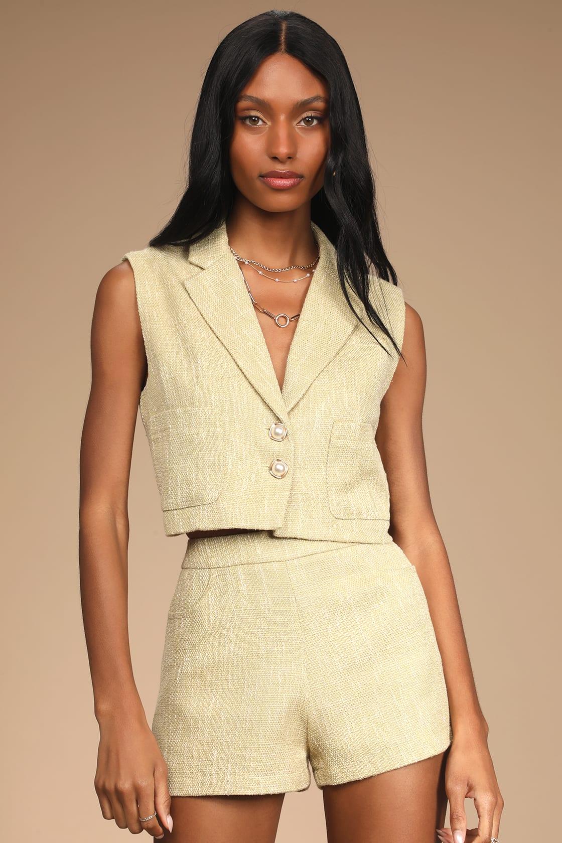 Perfect Company Olive Tweed Sleeveless Cropped Blazer Product Image