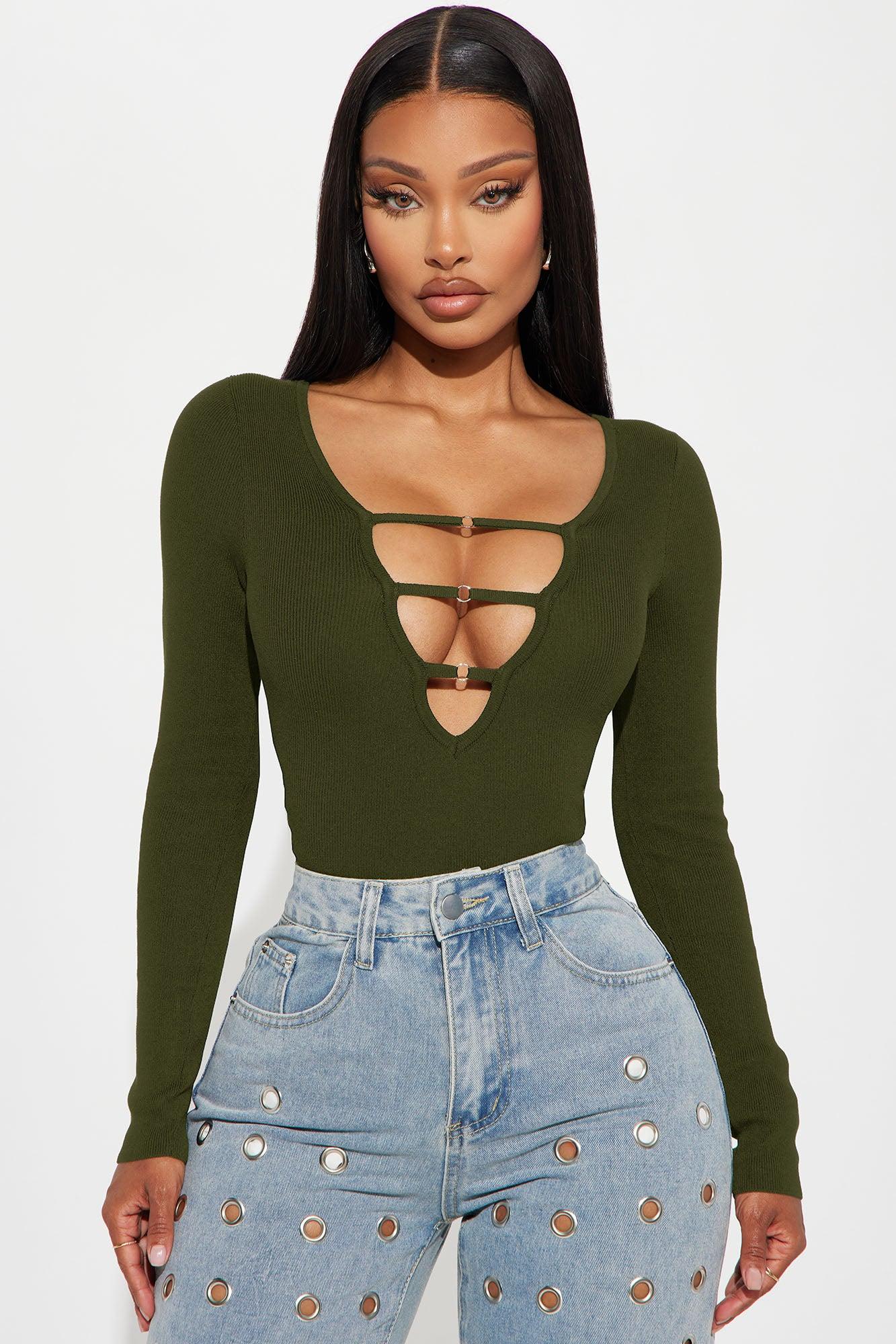 Jessi Cut Out Sweater Bodysuit - Olive Female Product Image
