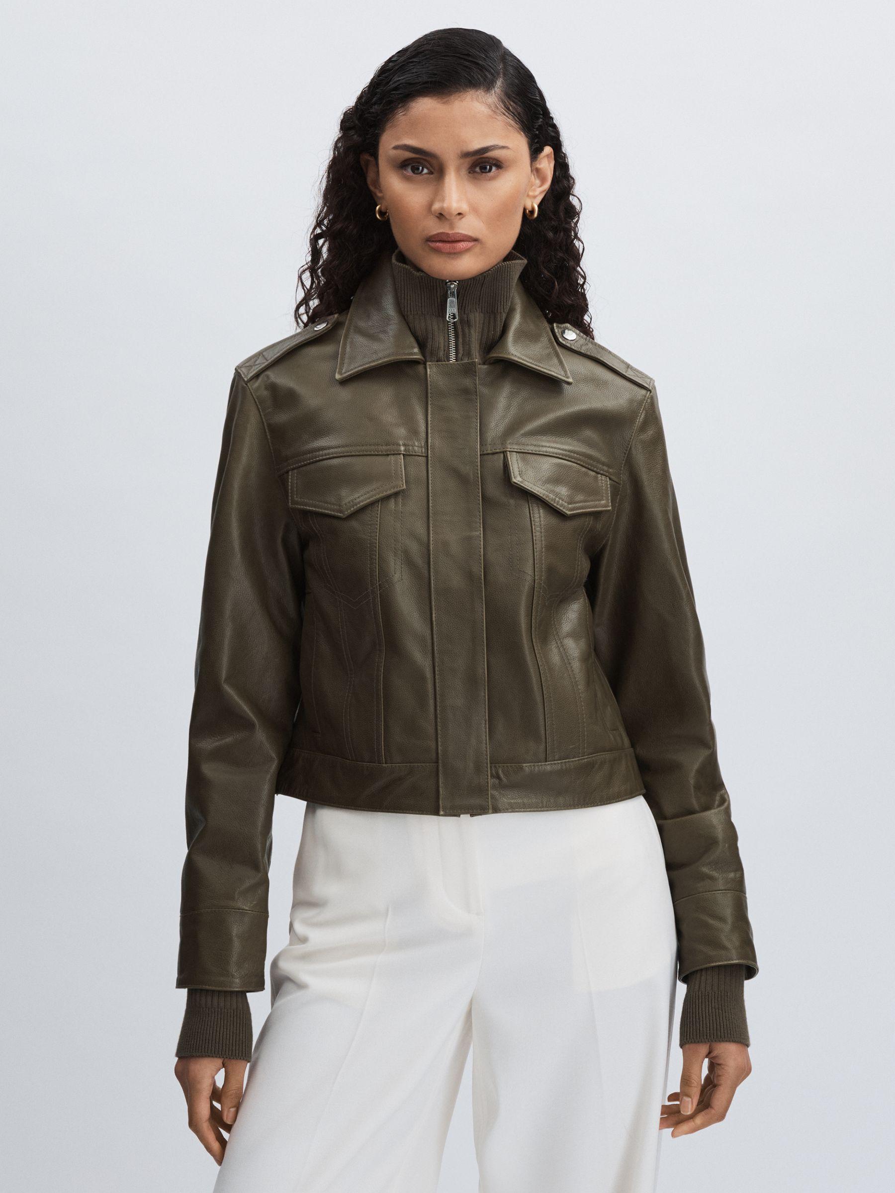 Paige Leather Cropped Bomber Jacket in Moss Green Product Image