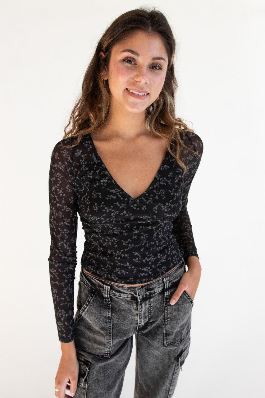 Long Sleeve Floral Mesh Top Product Image