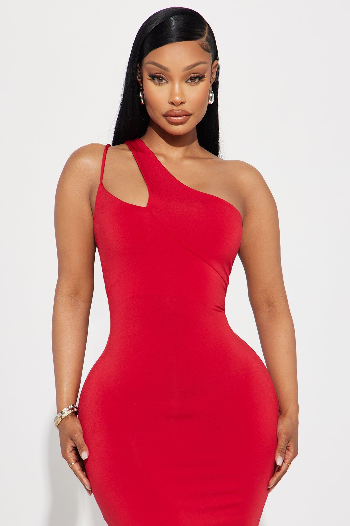 One Shoulder Midi Dress - Red Product Image