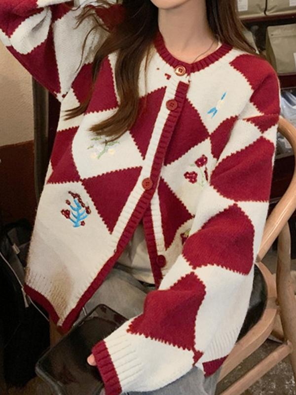 Floral Embroidery Argyle Buttoned Cardigan Product Image