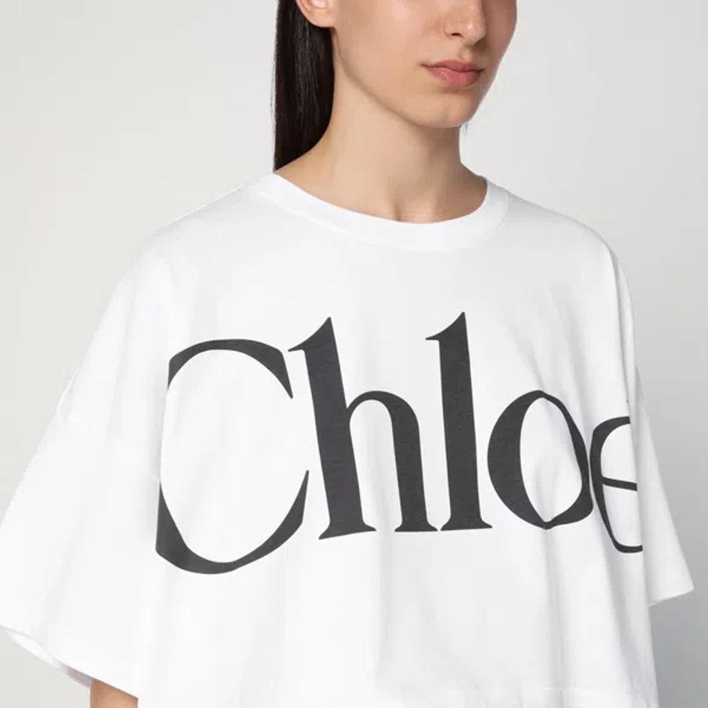 CHLOÉ White Cropped Crewneck T-shirt With Maxi Logo Print On The Front In Cotton Woman In Multicolor Product Image