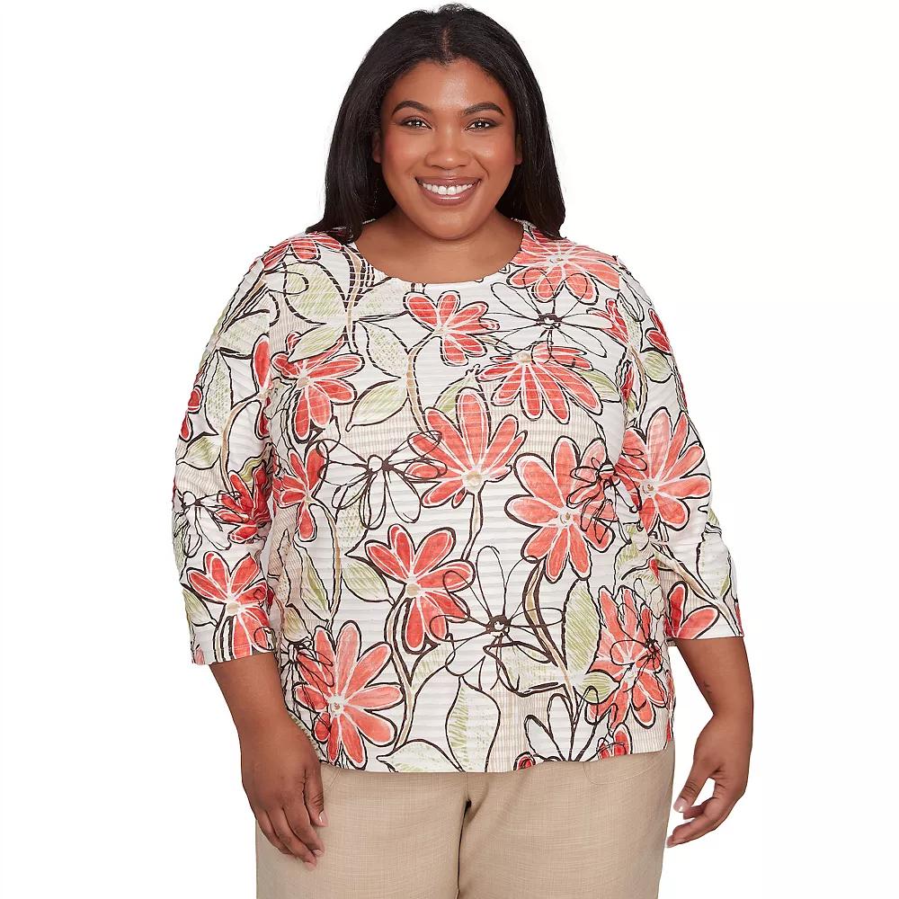 Plus Size Alfred Dunner Bold Island Floral Textured Top, Women's, Size: 2XL, Orange Team Product Image