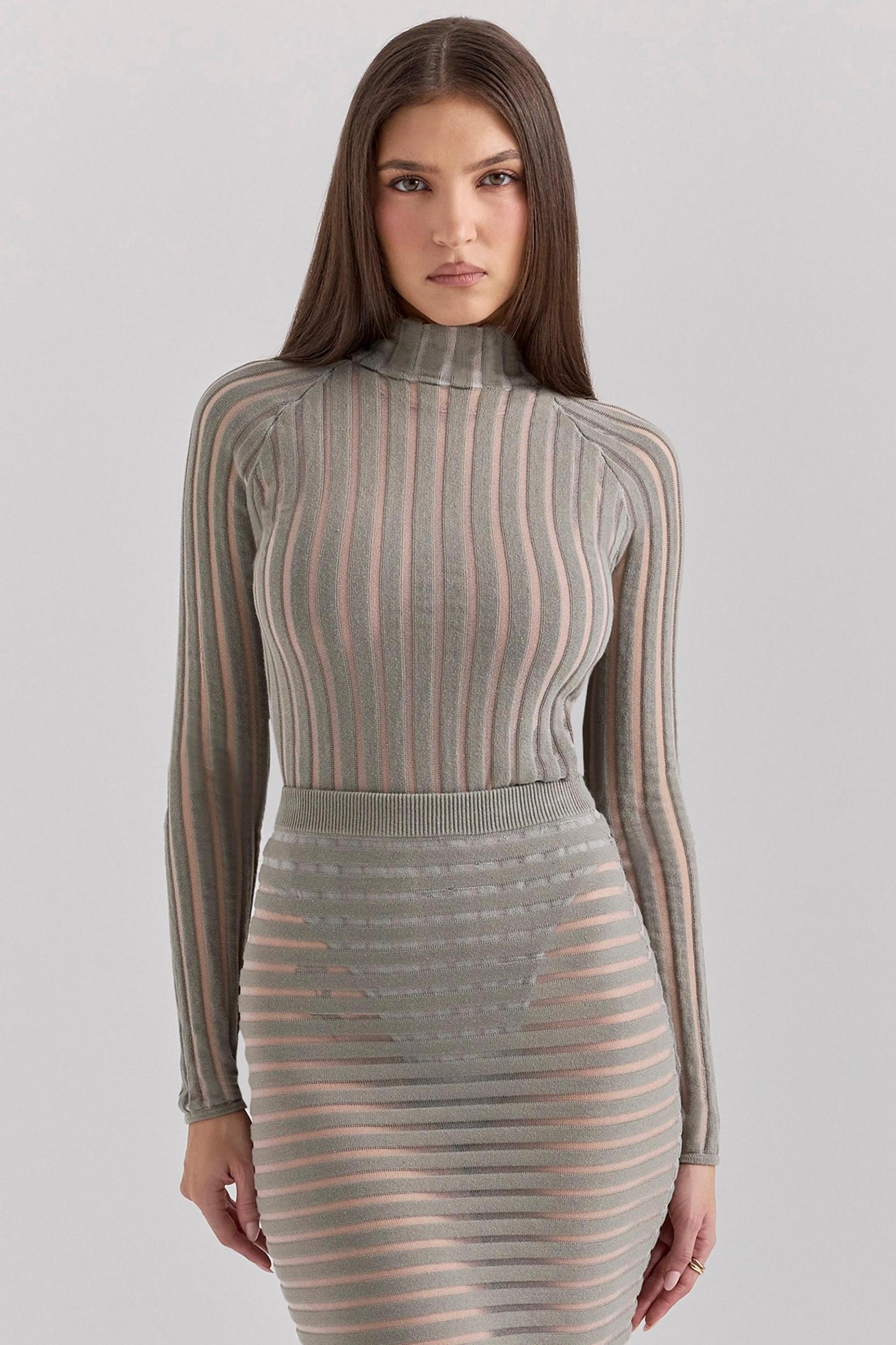 Rowena  grey velour sheer striped bodysuit Product Image