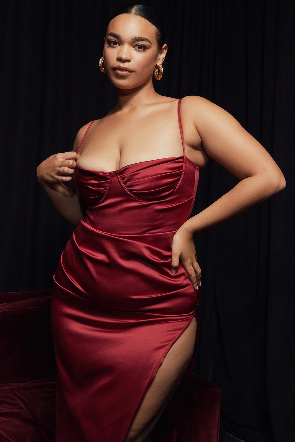 Flora  wine satin pleated corset midi dress Product Image