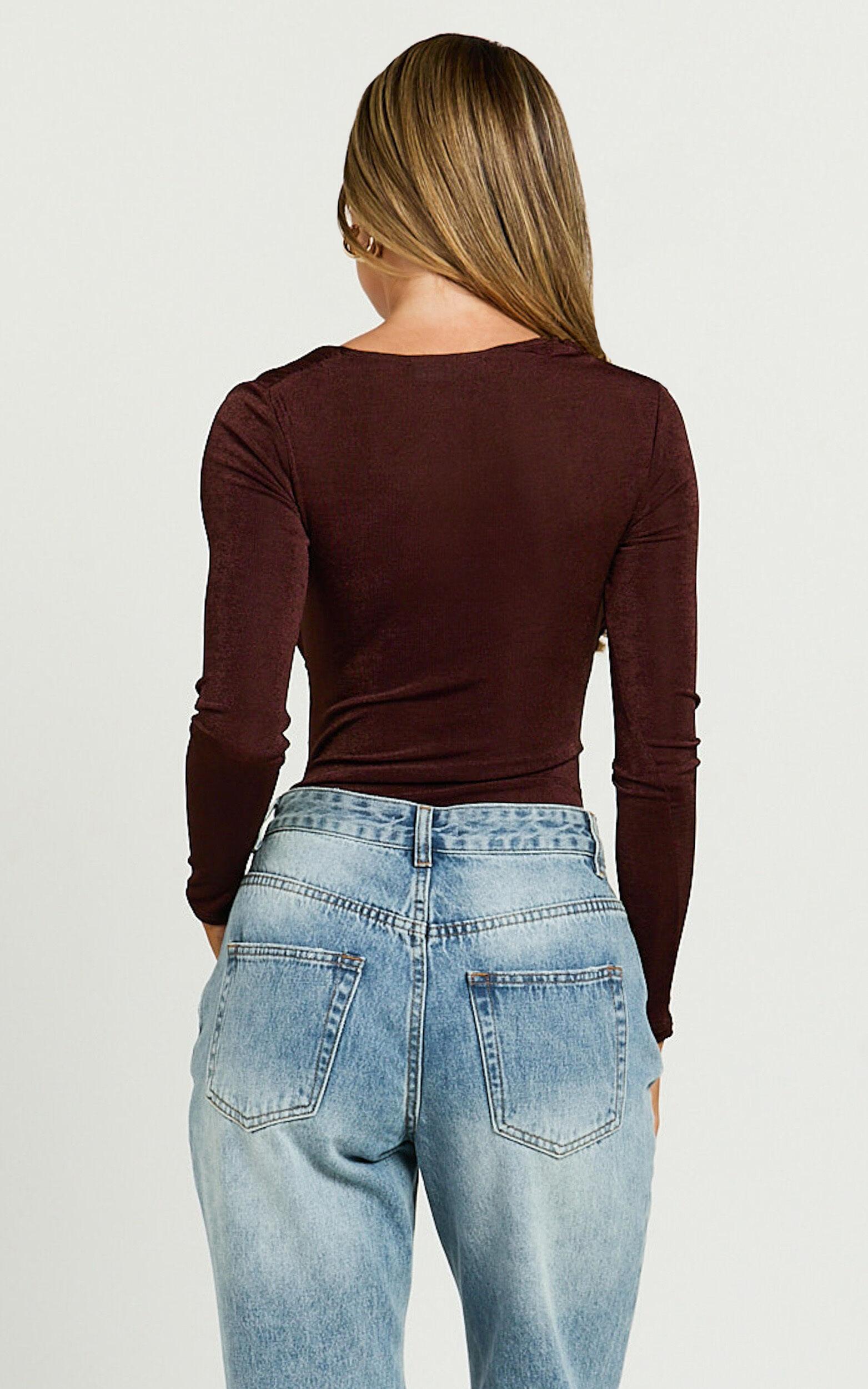 Genie Bodysuit - Long Sleeve Asymmetric Neckline Bodysuit in Chocolate Product Image