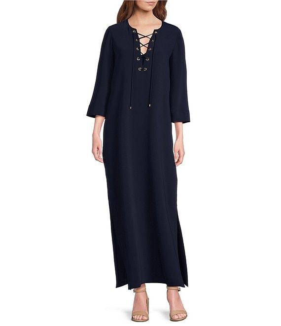 Trina Turk Catamaran Double Georgette Lace-Up V-Neck 3/4 Sleeve Maxi Dress Product Image