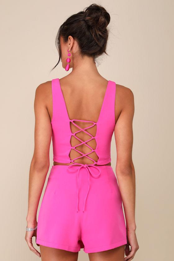 Exceptionally Styled Hot Pink Lace-Up Two-Piece Skort Romper Product Image