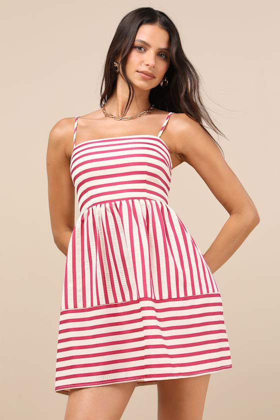 Yamila Fuchsia Striped Textured Cutout Mini Dress Product Image