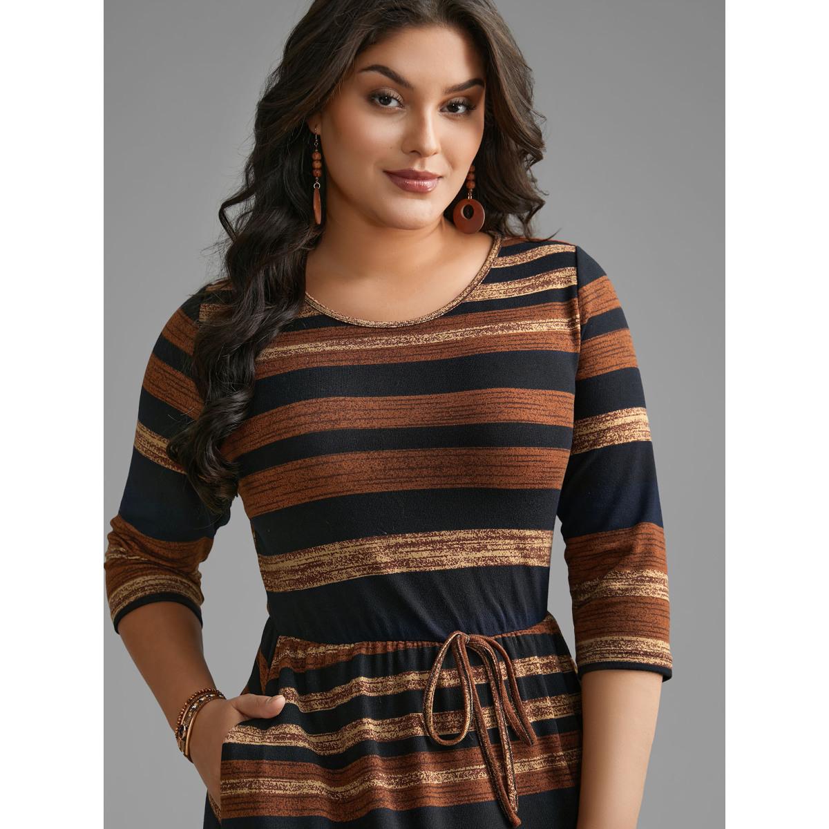 Plus Size Striped Elastic Waist Tie Knot Dress Yellowishbrown Women Resort Tie knot Round Neck Elbow-length sleeve Curvy BloomChic 26/4X Product Image
