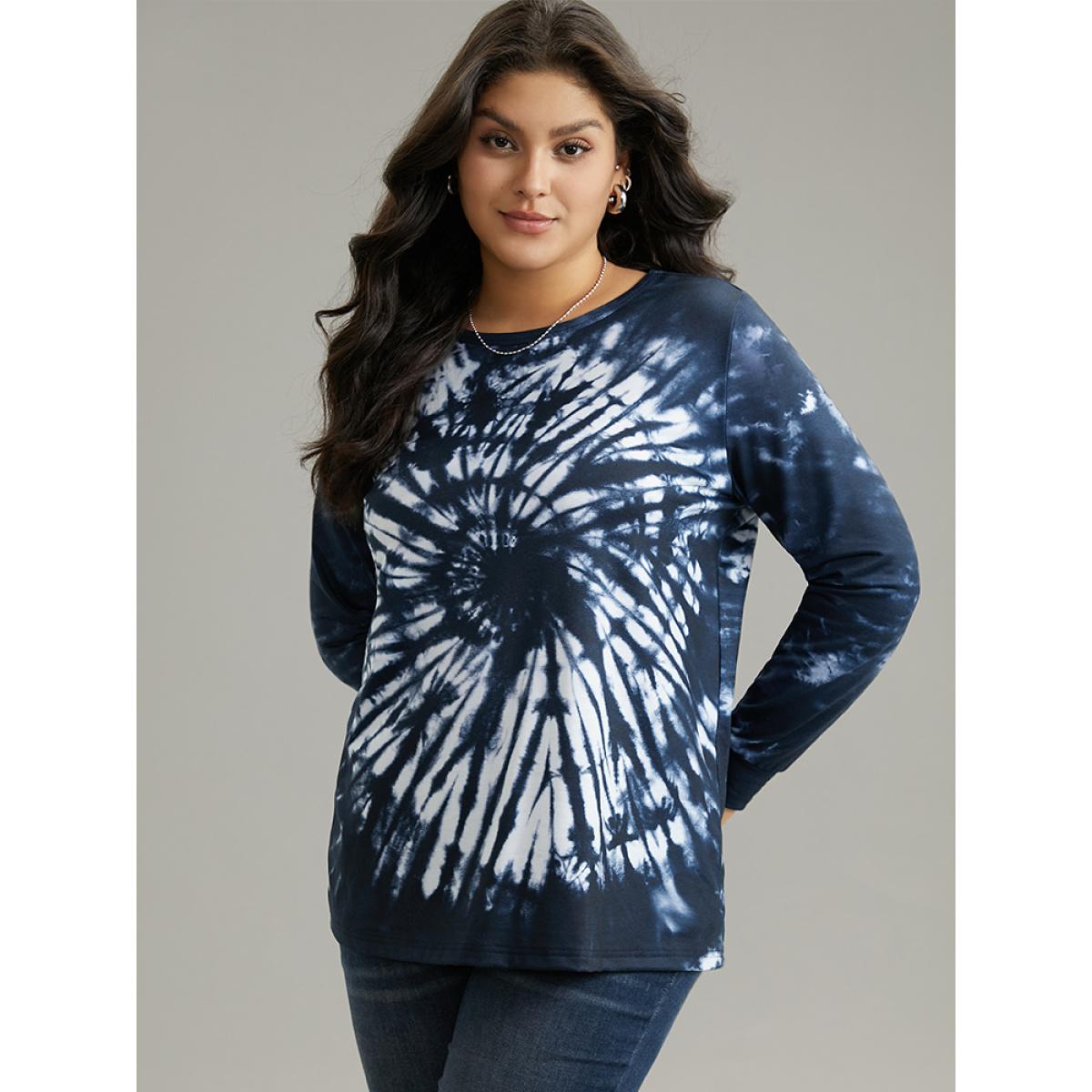 Plus Size Tie Dye Long Sleeve Crew Neck Sweatshirt Women DarkBlue Casual Printed Round Neck Dailywear Sweatshirts BloomChic 12/L Product Image
