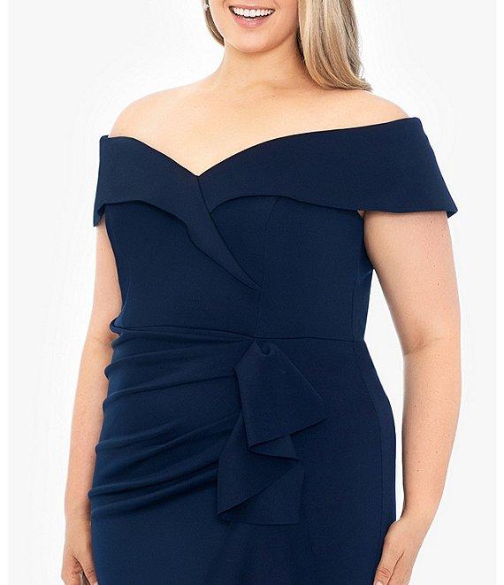 Xscape Plus Size Sleeveless Sweetheart Neck Cascade Ruffled Long Scuba Crepe Dress Product Image