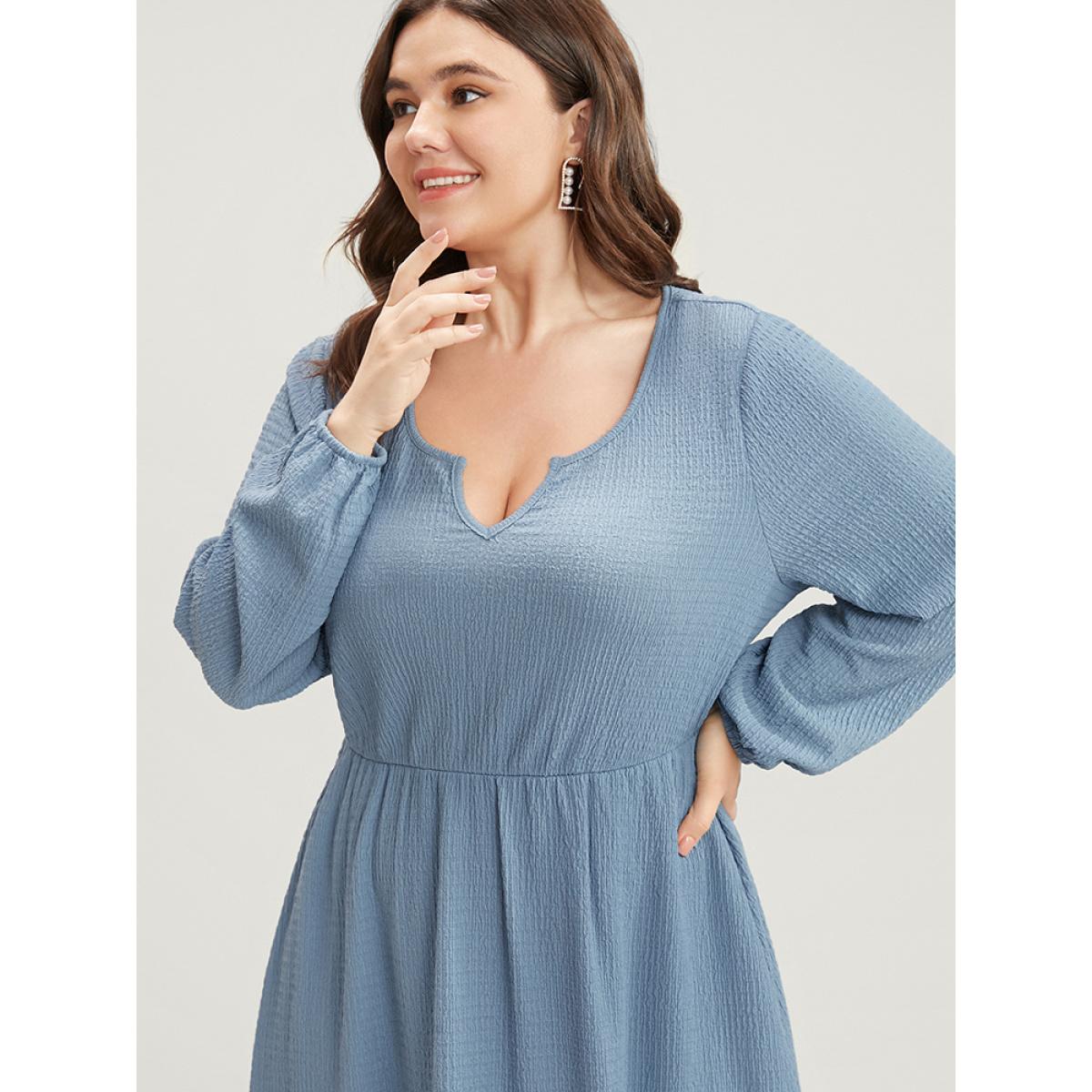 Plus Size Solid Textured Notched Pocket Lantern Sleeve Ruffle Hem Dress LightBlue Women Elegant Pocket V-neck Elbow-length sleeve Curvy Midi Dress BloomChic 22-24/3X Product Image