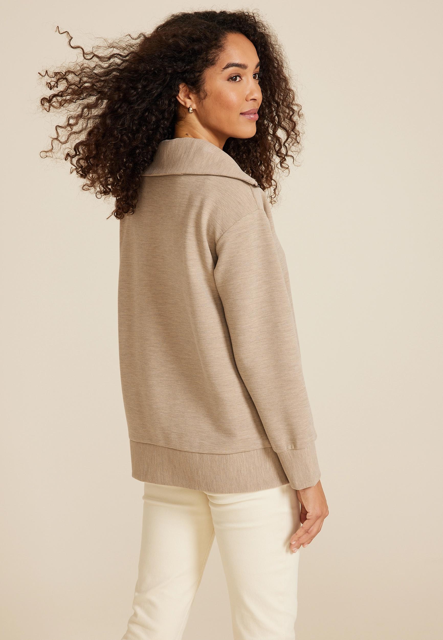 Ribbed Knit Shawl Collar Tunic Sweatshirt Product Image