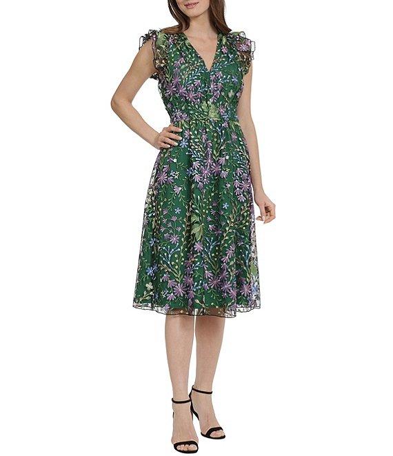 Maggy London Floral Embroidered Ruffle Trim Sleeveless A-Line Midi Dress Product Image