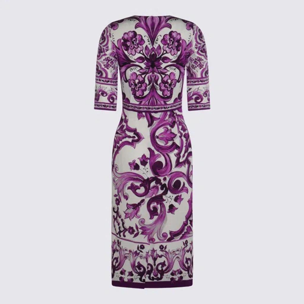 DOLCE & GABBANA Violet Crewneck Dress With Rear Zip Closure And All-over Floral Print In Silk Stretch Woman In Purple Product Image
