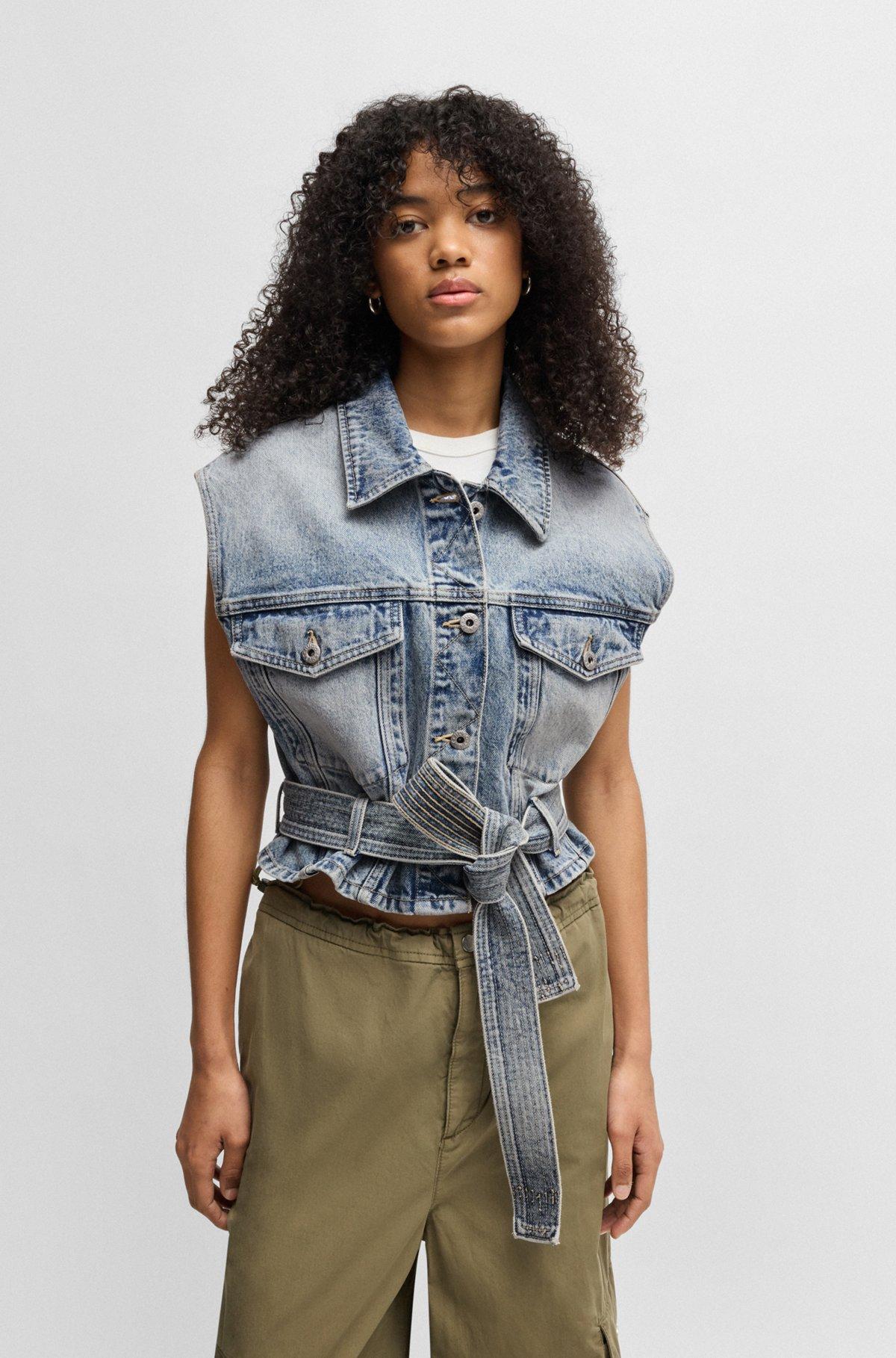 HUGO - Sleeveless denim jacket with stitched belt - Blue Product Image