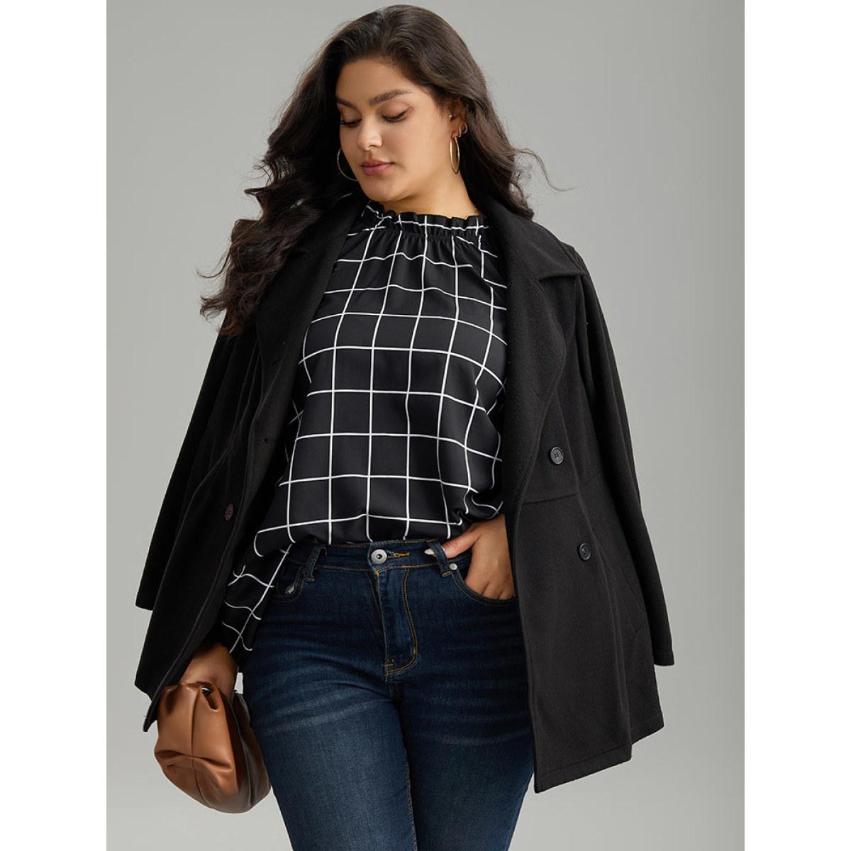 Plus Size Black Plaid Stand Collar Ruffles Lantern Sleeve Blouse Women Office Long Sleeve Stand-up collar Office Blouses BloomChic 14-16/1X Product Image