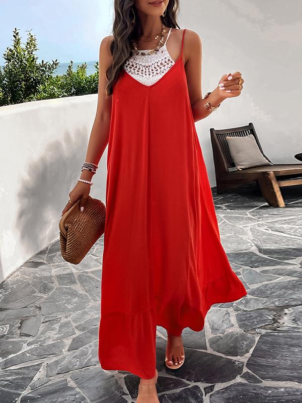 Loose Sleeveless Pleated Solid Color Split-Joint Spaghetti-Neck Maxi Dresses Product Image
