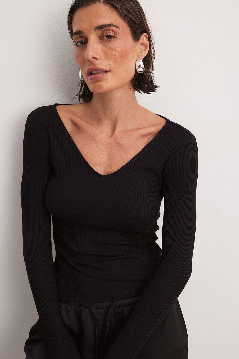 V-Neck Ribbed Long Sleeve Top Product Image