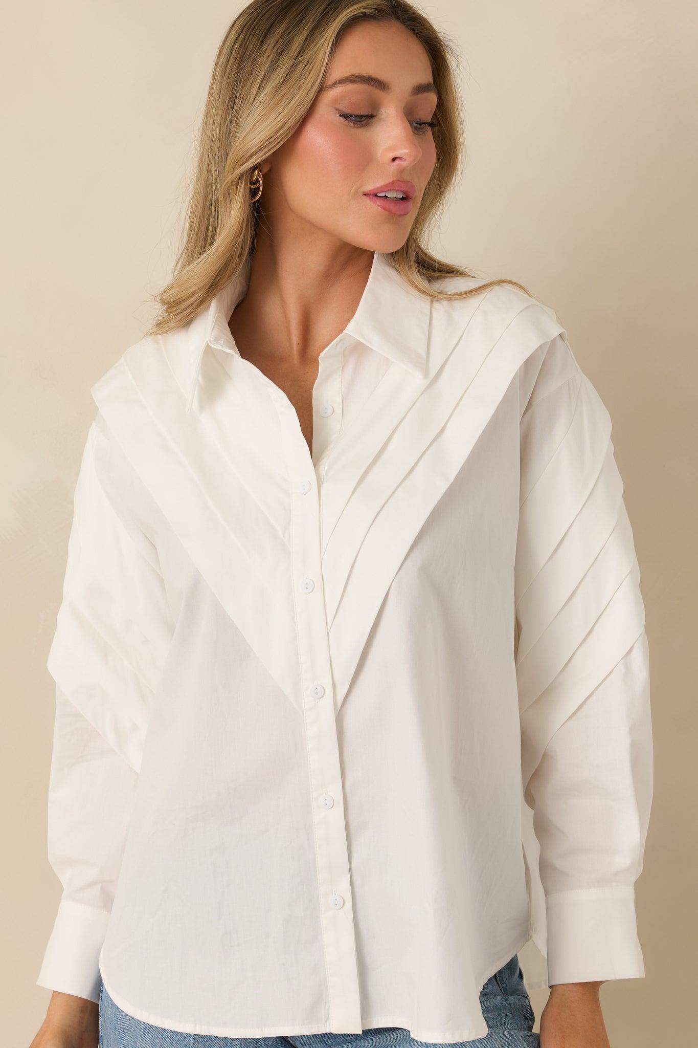 From Every Angle White Cotton Pleated Shoulder Button-Up Blouse Product Image