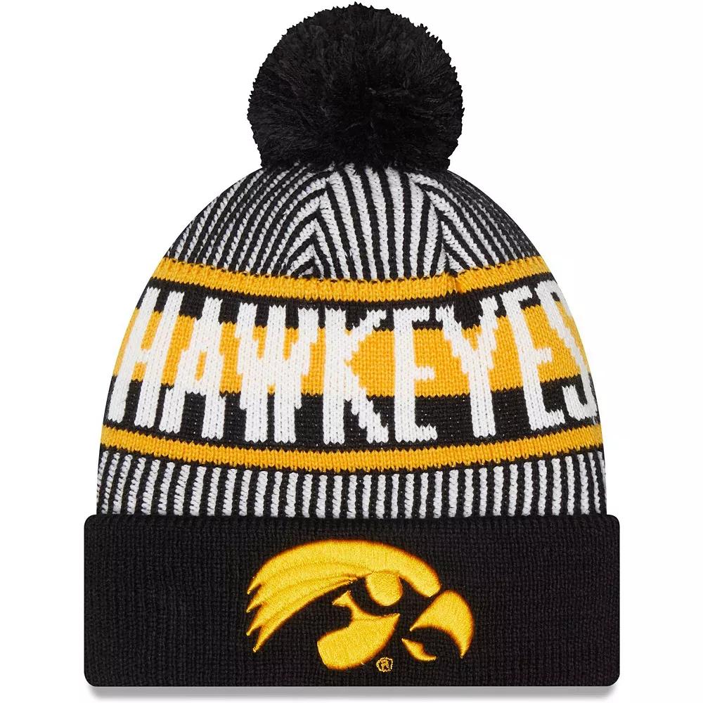 Men's New Era  Black Iowa Hawkeyes Logo Striped Cuff Knit Hat with Pom Product Image