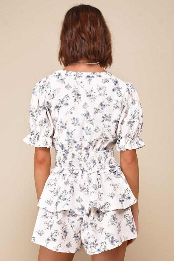 Complete Babe Ivory Floral Textured Tiered Smocked Cutout Romper Product Image