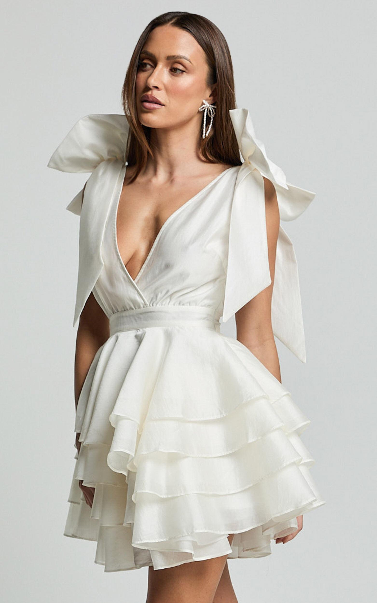 Roxanne Mini Dress - Shoulder Tie Plunge Ruffle Dress in White Product Image