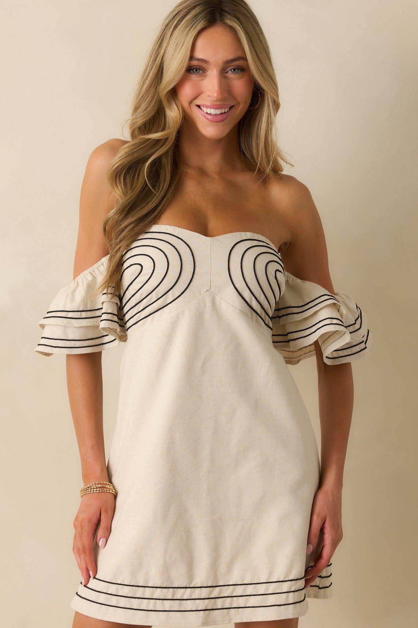 Left An Impression Natural Linen Blend Off The Shoulder Mini Dress Product Image