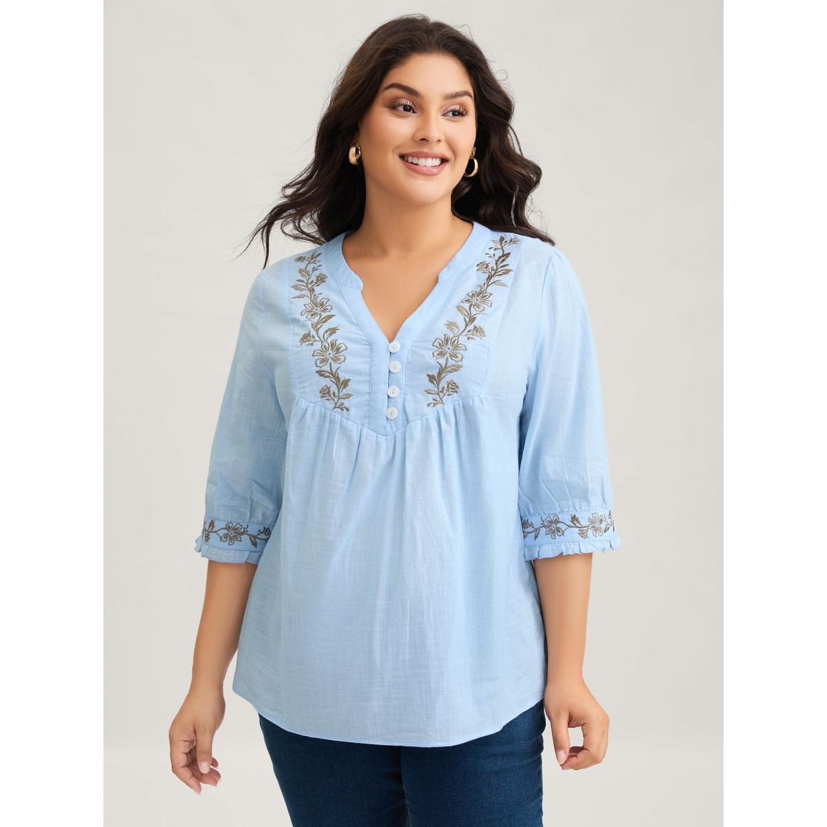 Plus Size LightBlue Cotton Floral Embroidered Notched Collar Frill Trim Blouse Women Leisure Elbow-length sleeve Stand-up collar Casual Blouses BloomChic 14-16/1X Product Image
