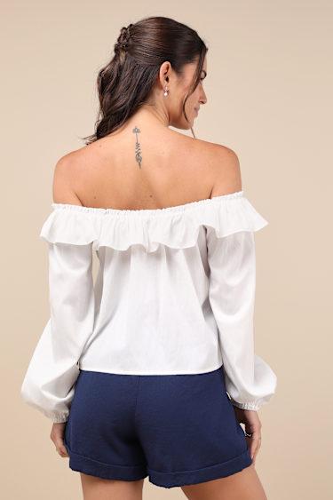 Dreamy Perception White Ruffled Long Sleeve Off-the-Shoulder Top Product Image