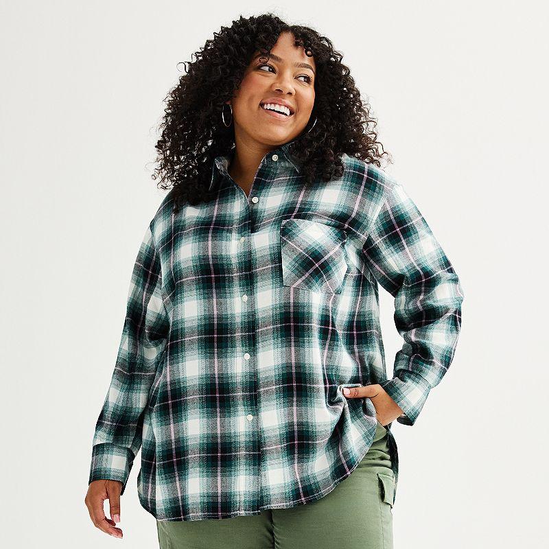 Plus Size Sonoma Goods For Life® Oversized Boyfriend Flannel Shirt, Women's, Size: 1XL, Moss Green Plaid Product Image