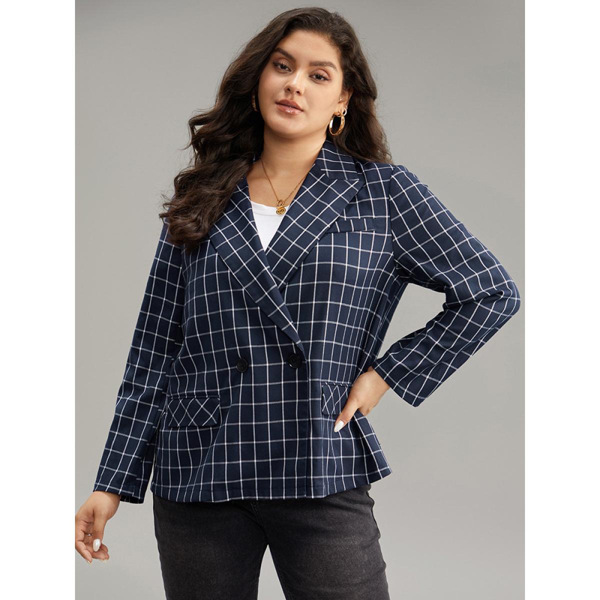 Plus Size Plaid Flap Detail Suit Collar Button Up Blazer DarkBlue Women Dailywear Plaid Contrast Sleeve Long Sleeve Suit Collar 12/L Pocket Casual Blazers BloomChic Product Image