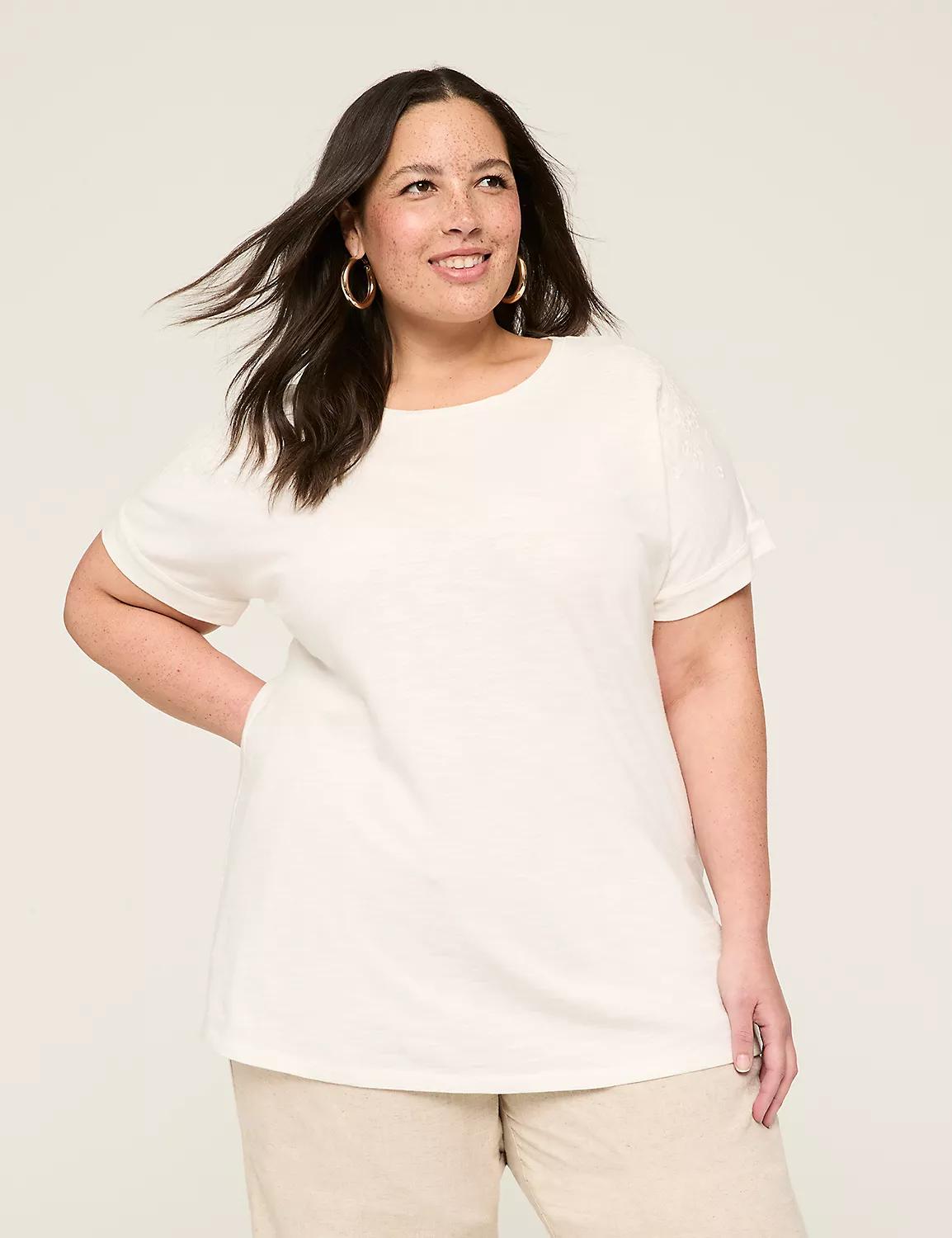 Embroidered-Shoulder Crew-Neck Top Product Image