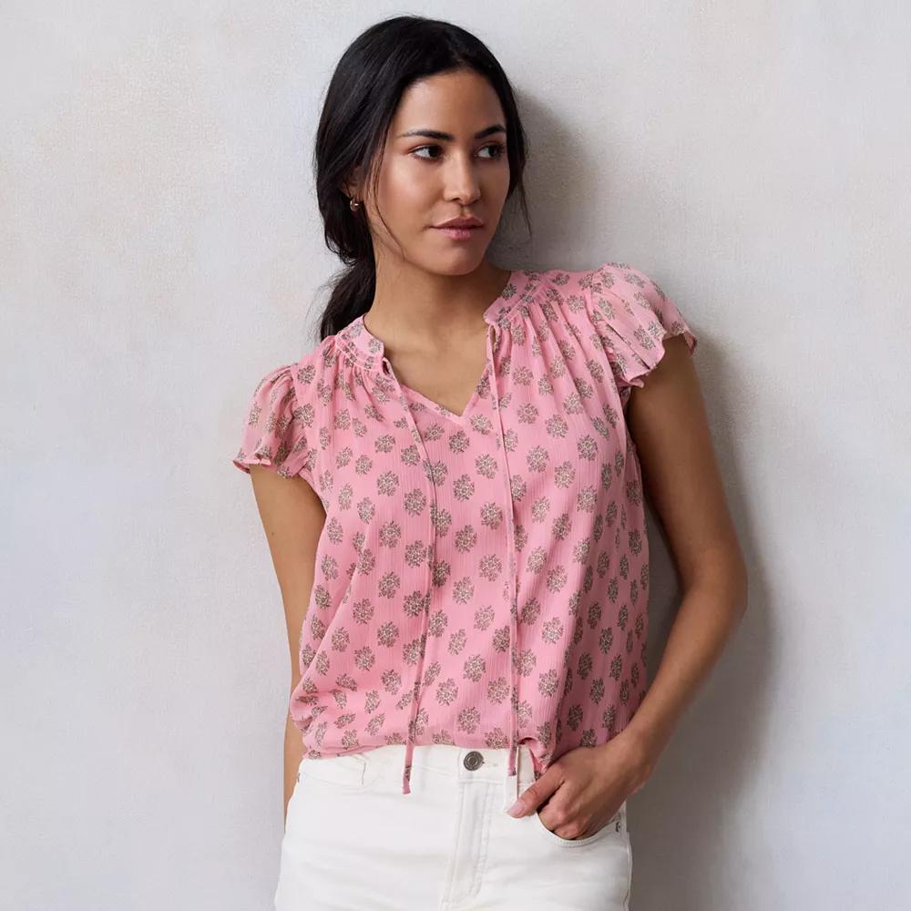 Petite LC Lauren Conrad Tie Front Ruffle V-Neck Shell Top, Women's, Size: Small Petite, Pink Ana Flora Product Image