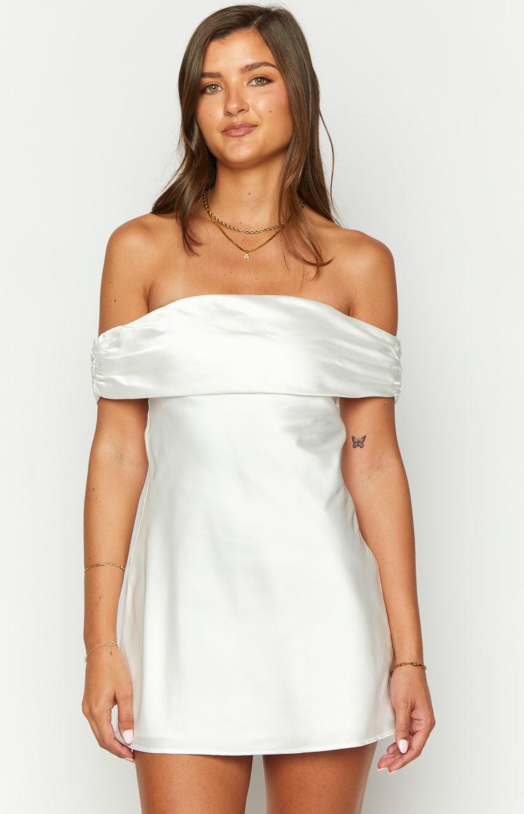 Primrose White Satin Off the Shoulder Mini Dress Product Image
