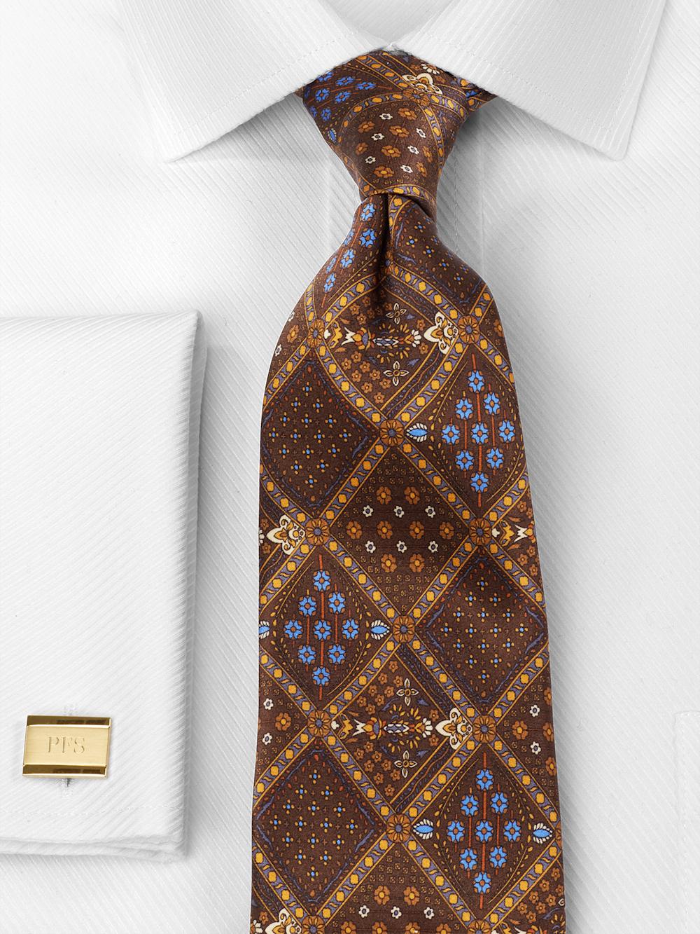 Medallion Printed Italian Silk Tie - Brown/blue Product Image