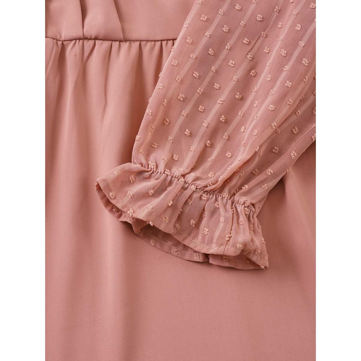 Plus Size Plain Mesh Textured Patchwork Belted Dress DustyPink Women At the Office Texture Overlap Collar Long Sleeve Curvy Midi Dress BloomChic 14-16/1X Product Image