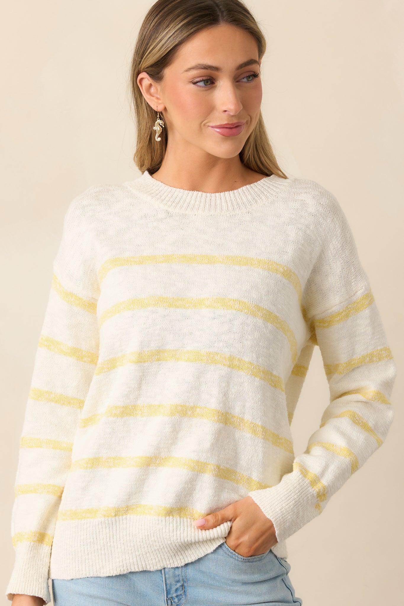 My Day Off Ivory & Yellow Cotton Stripe Sweater Product Image