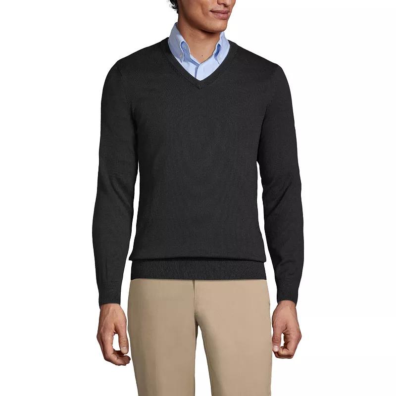 Men's Lands' End School Uniform Fine Gauge V-neck Sweater, Size: Small, Coal Grey Product Image
