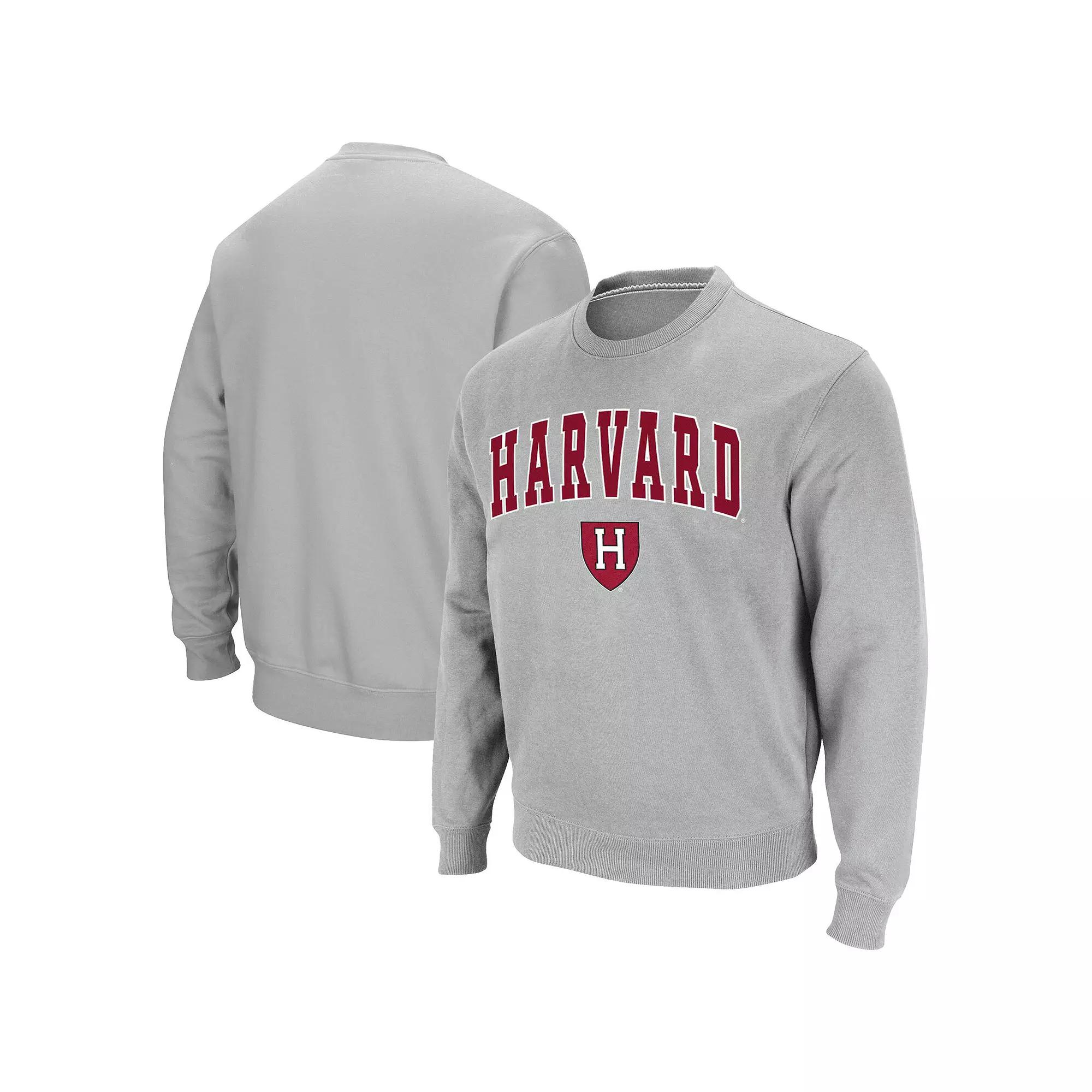 Men's Colosseum Gray Harvard Crimson Team Arch & Logo Tackle Twill Pullover Sweatshirt,  Product Image